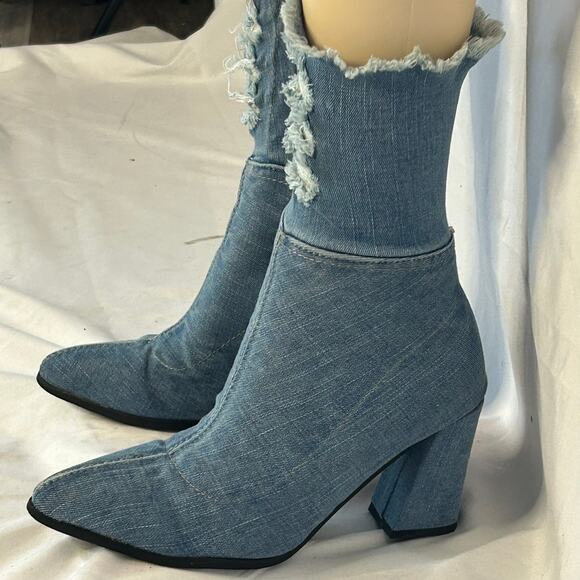 Unbranded Shoes - Y2K Denim Ankle Boots Distressed Frayed Pointed Toe Block Heel 38